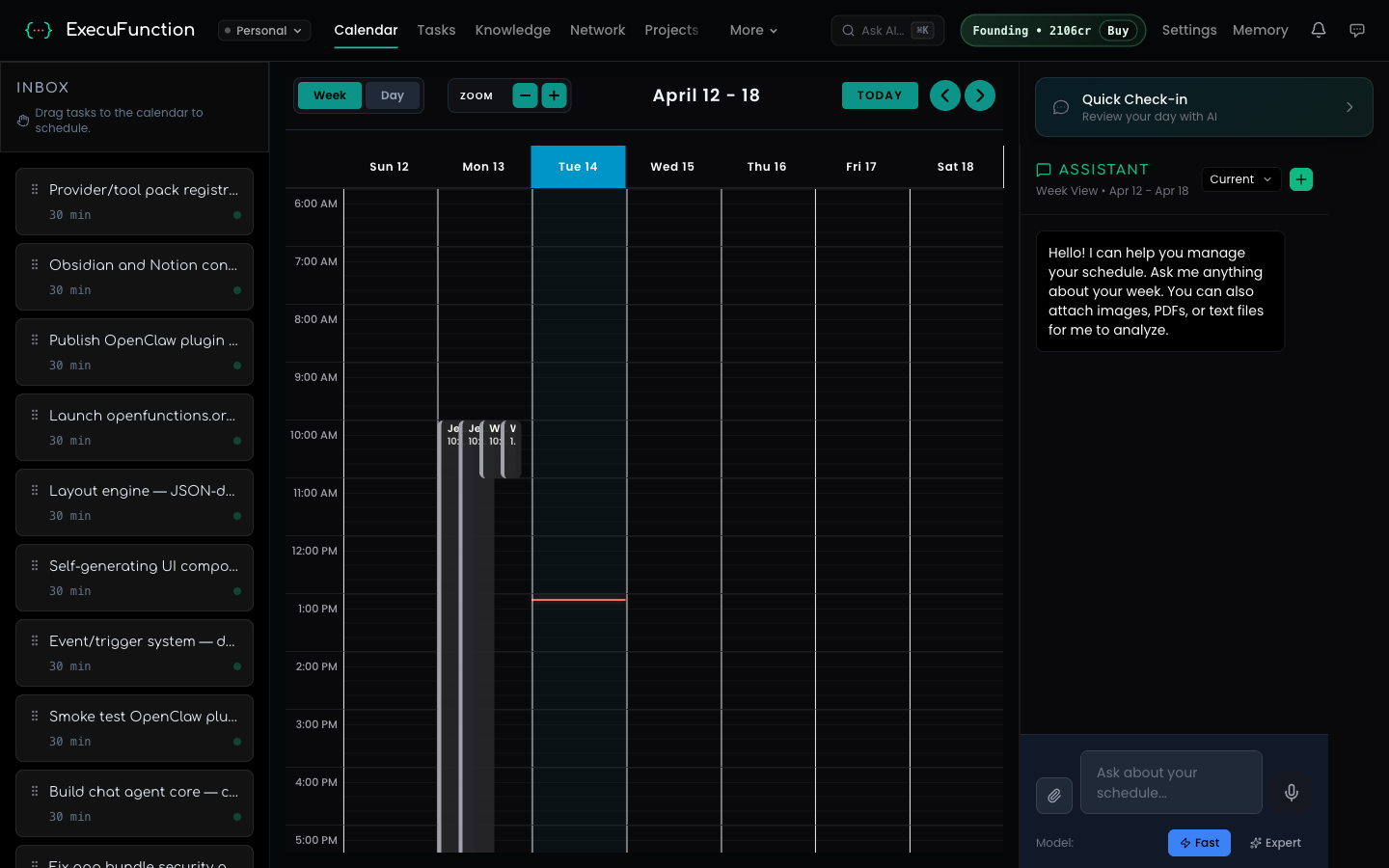 Calendar week view with task inbox and AI assistant panel