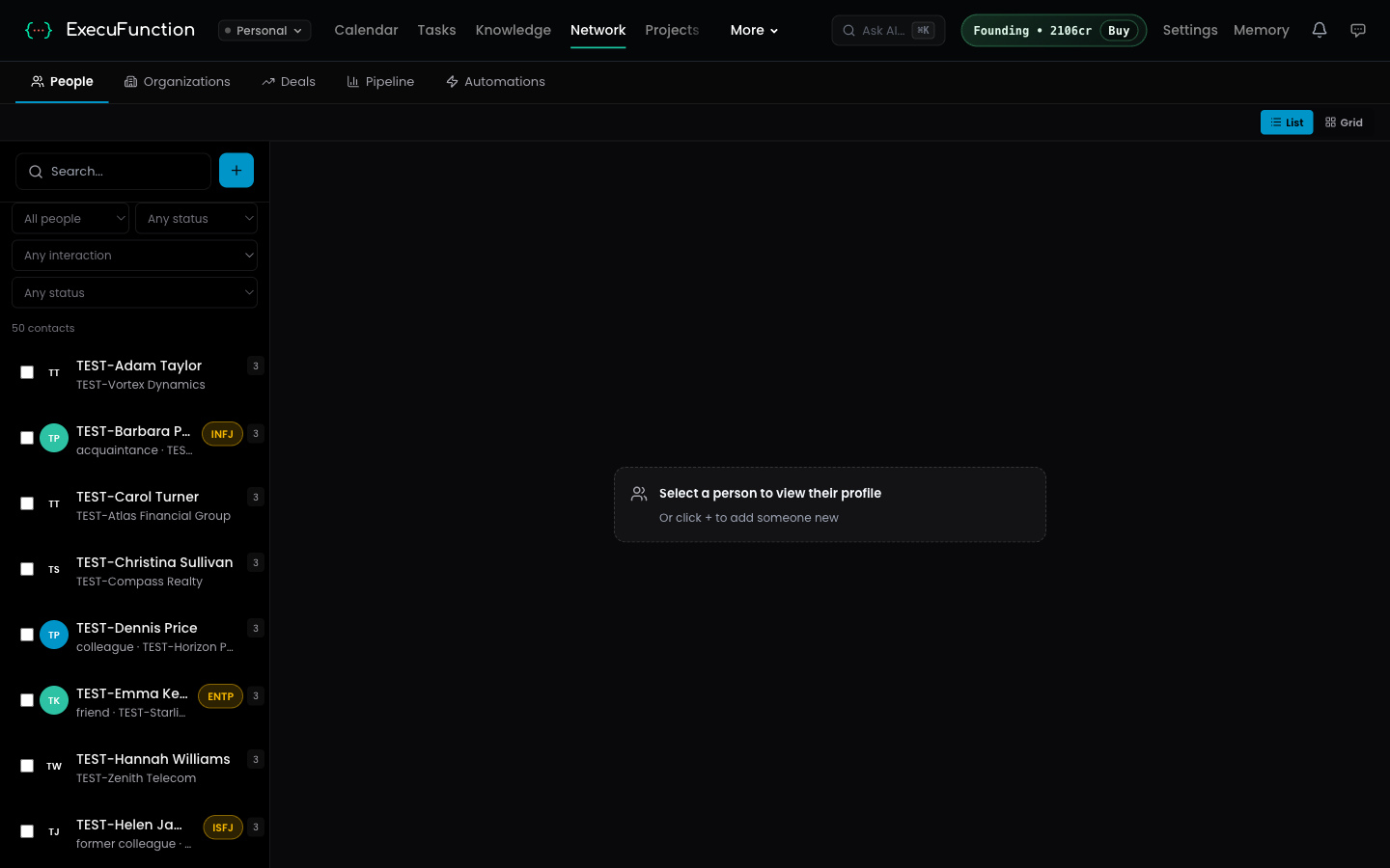 Personal CRM showing contacts and relationship details