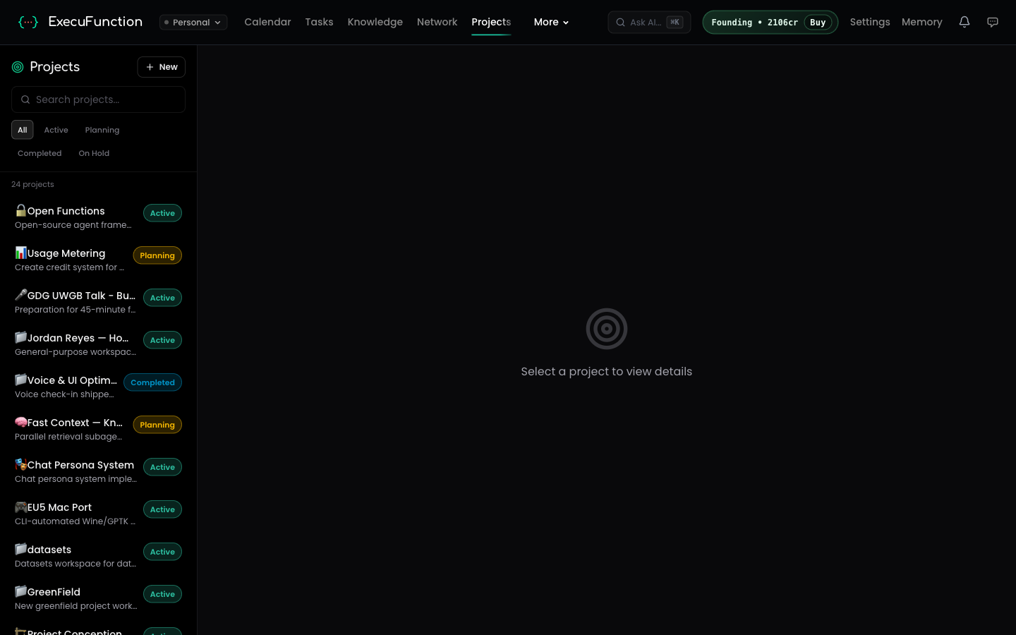 Project view with goals, tasks, milestones, and overdue tracking